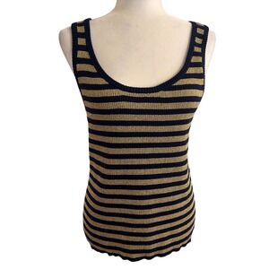 Lauren Ralph Lauren Navy Gold Metallic Striped Ribbed Knit Tank Top Large Classy